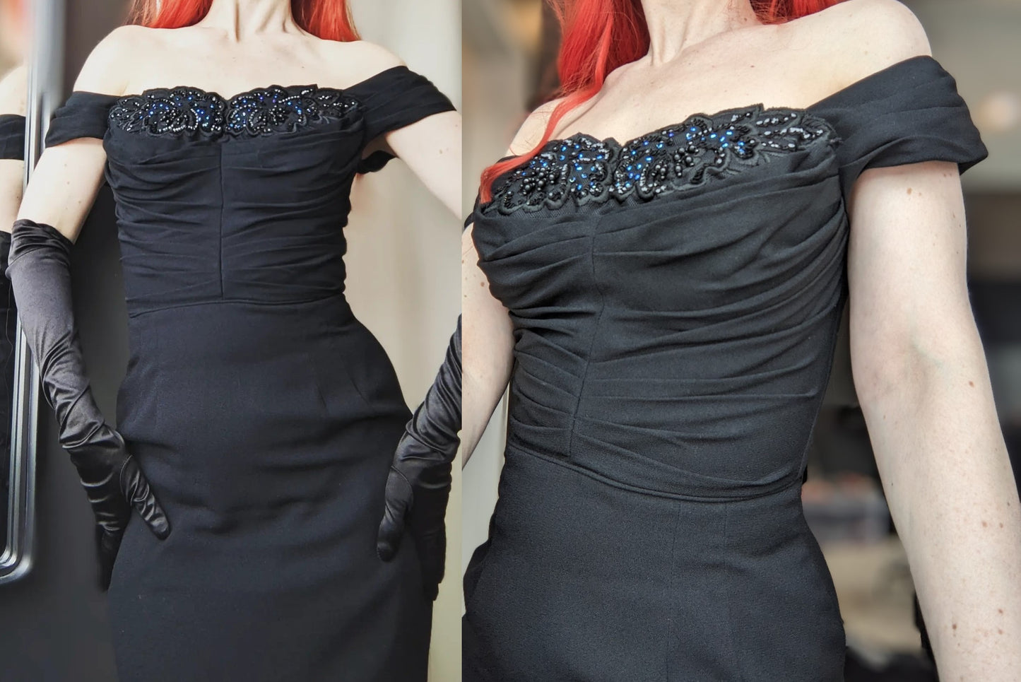 Vintage 1950s - 1960s black ruched wiggle dress with beaded applique and sequins