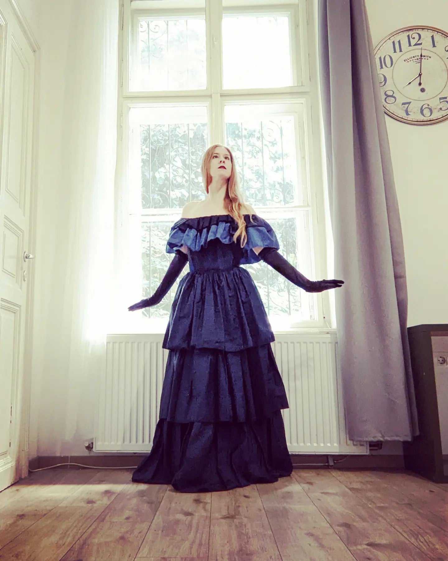 Vintage 1970s-80s blue taffeta Victorian-style off shoulder ball gown with ruffles
