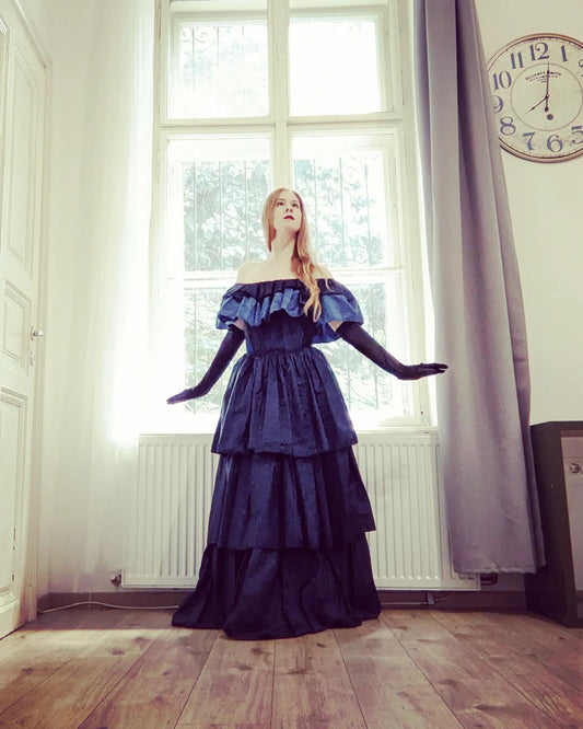 Vintage 1970s-80s blue taffeta Victorian-style off shoulder ball gown with ruffles
