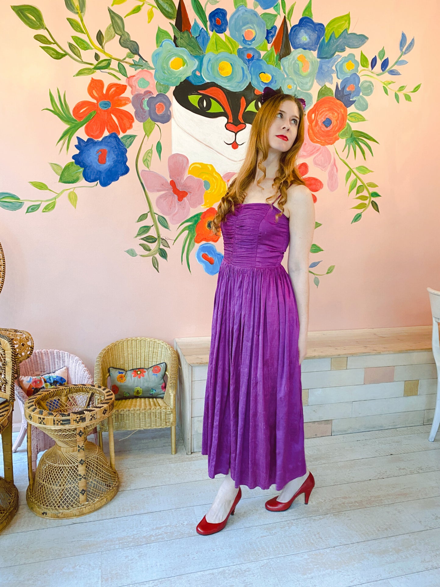 Vintage 1980s magenta faux silk dress