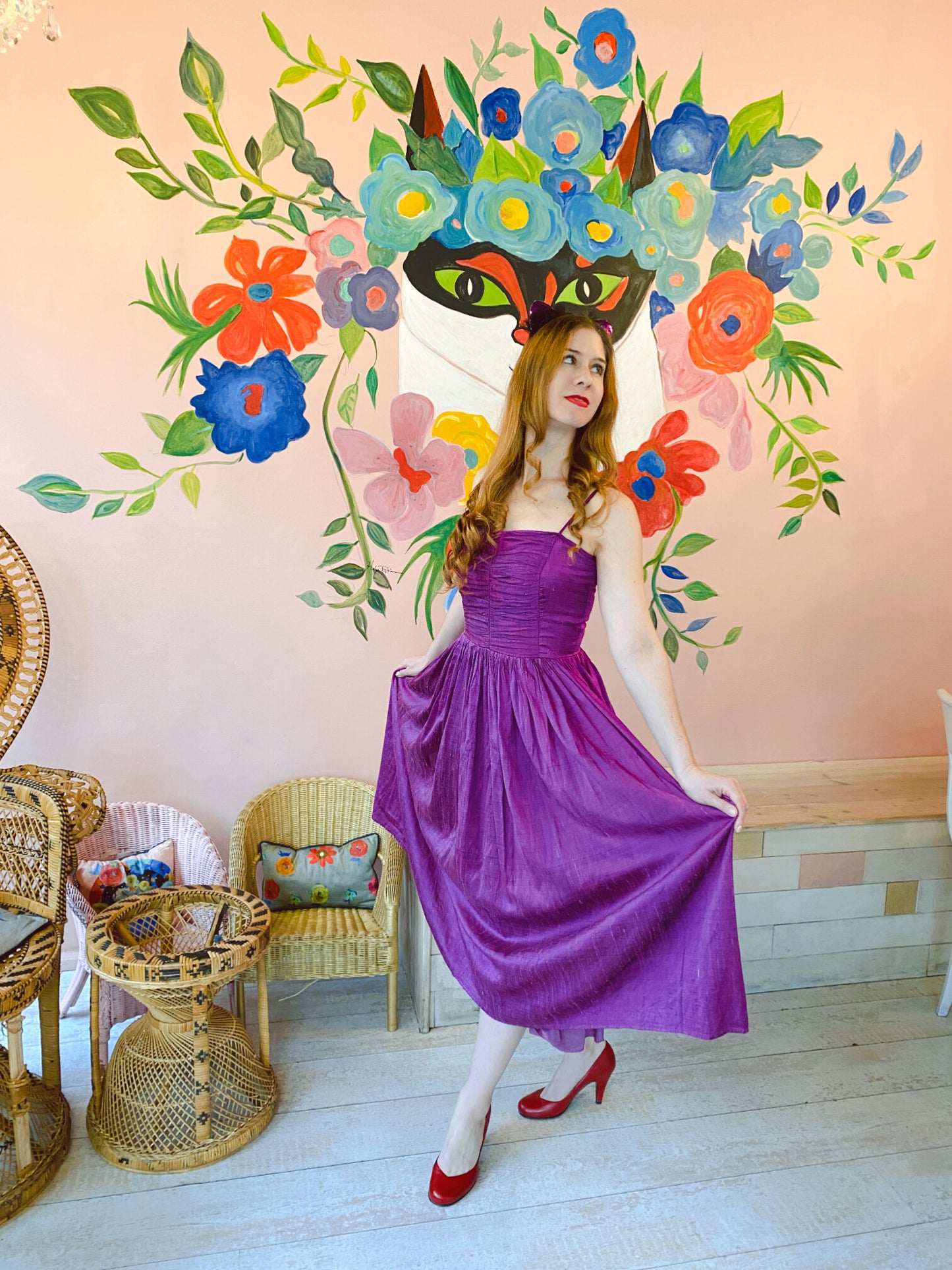 Vintage 1980s magenta faux silk dress