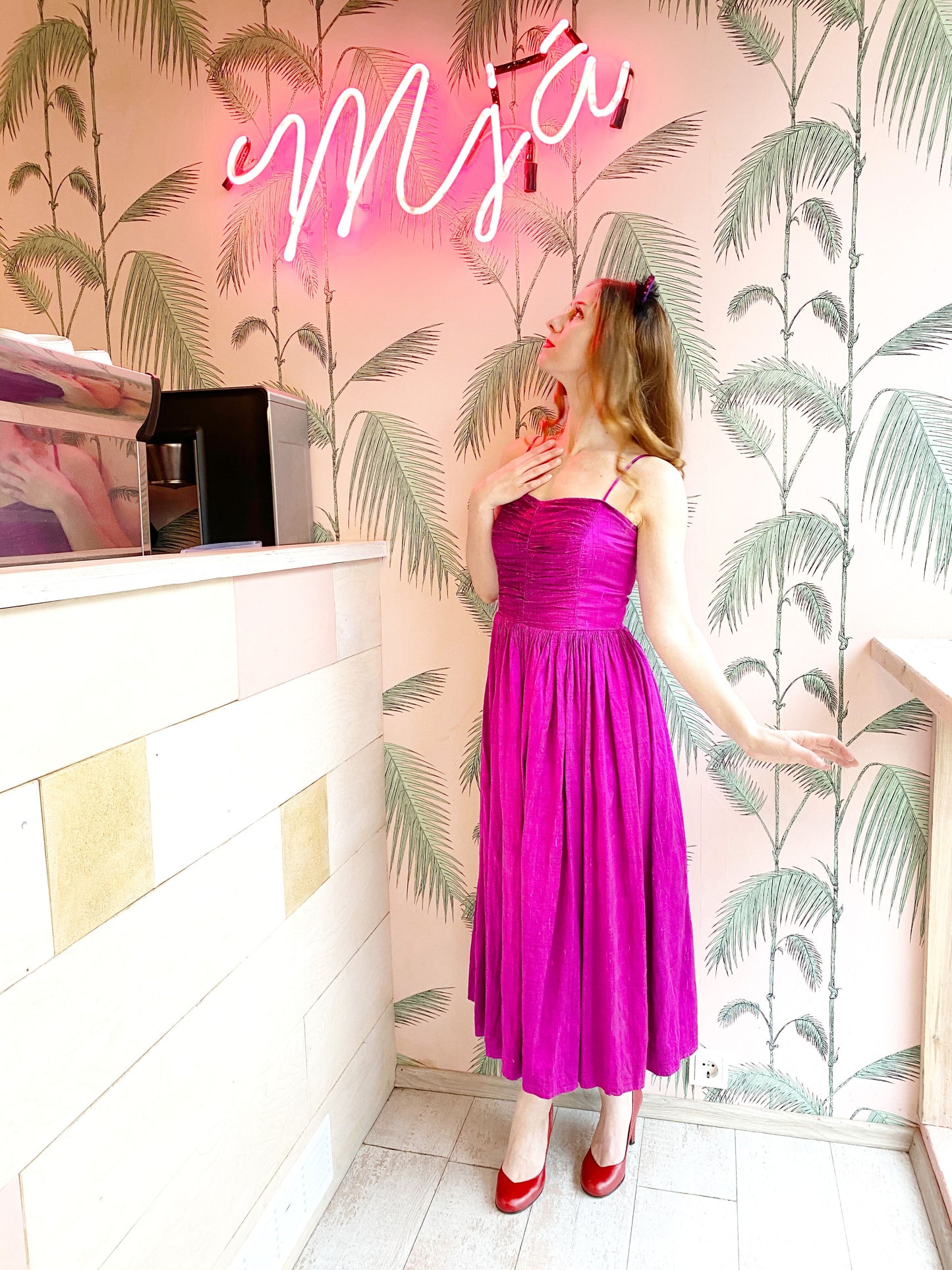 Vintage 1980s magenta faux silk dress
