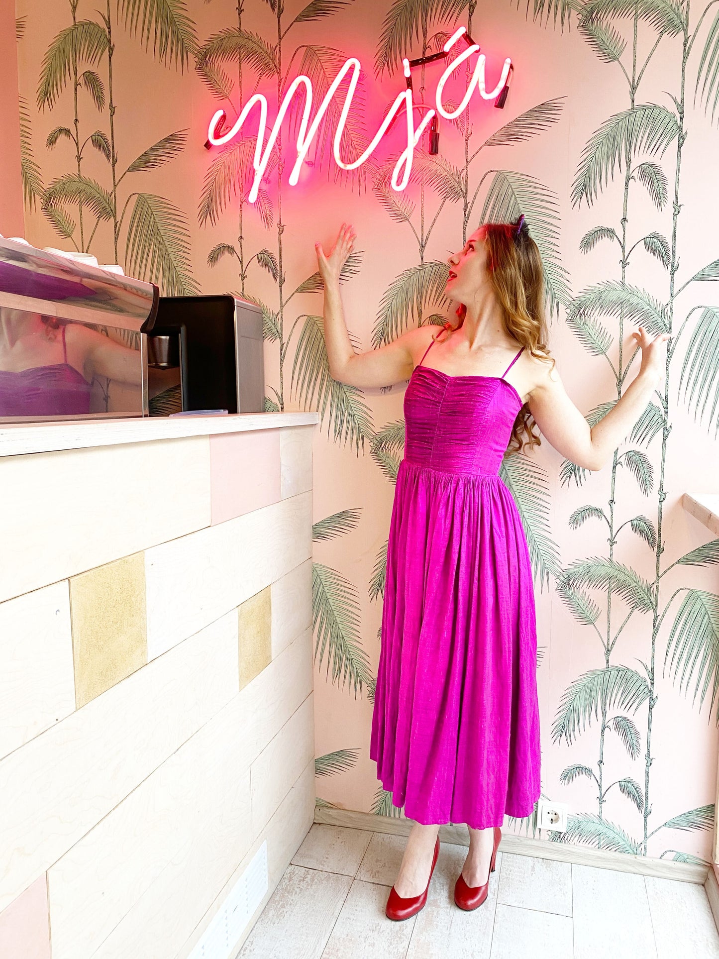 Vintage 1980s magenta faux silk dress