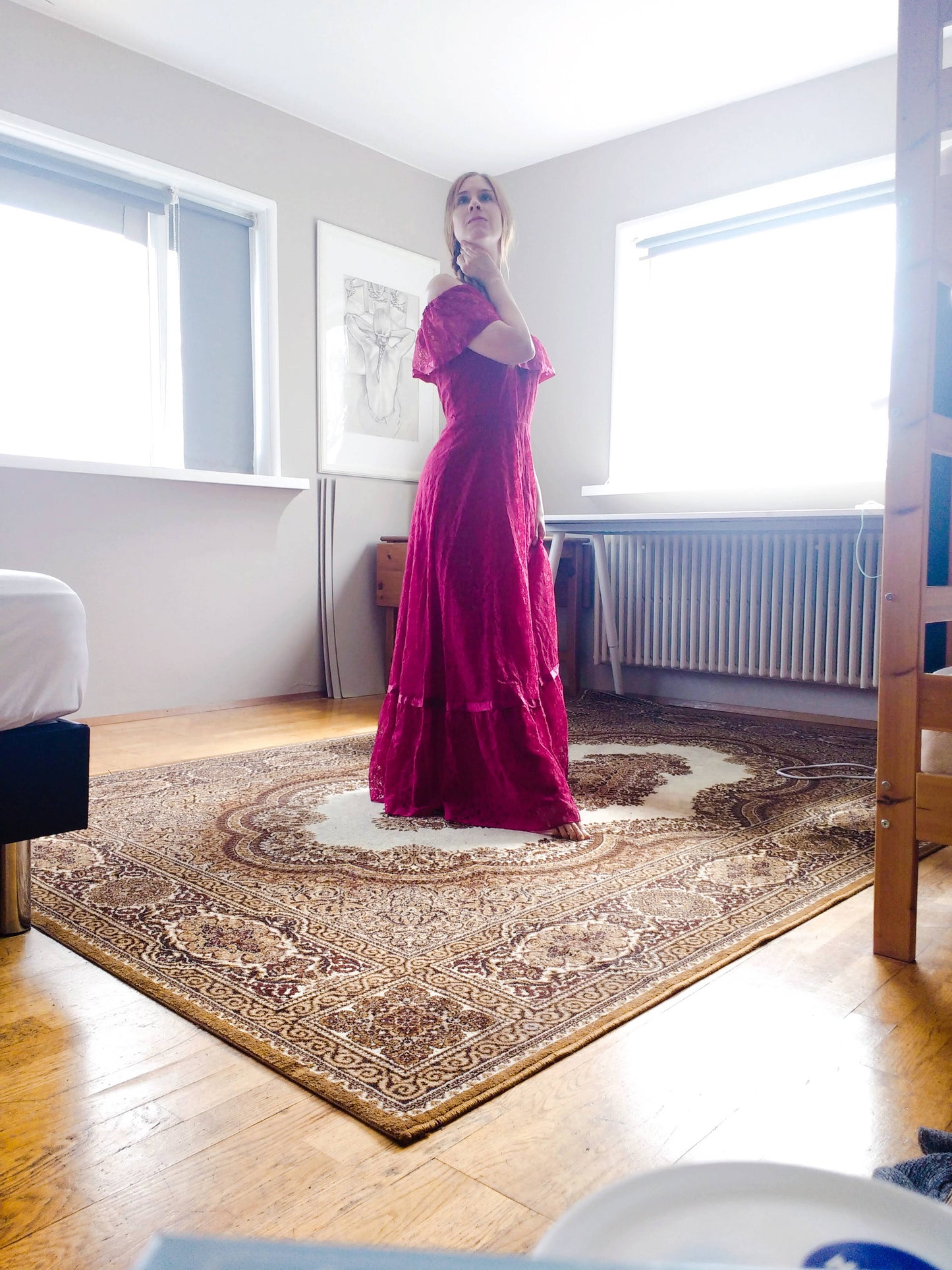 Vintage 1970s dark pink lace dress