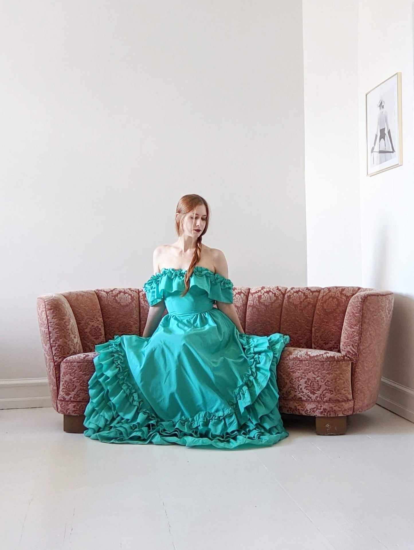 Vintage 1970s-80s aqua green Victorian style off-shoulder ball gown with ruffles