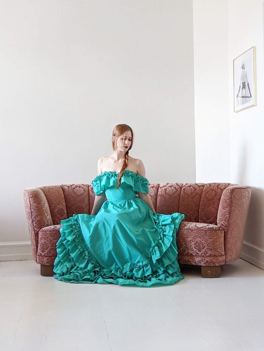 Vintage 1970s-80s aqua green Victorian style off-shoulder ball gown with ruffles