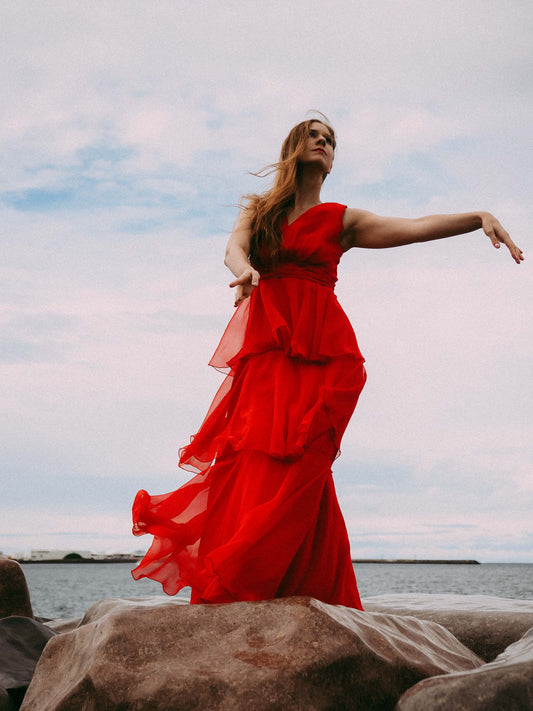 Vintage 1970s red chiffon maxi dress with layered skirt