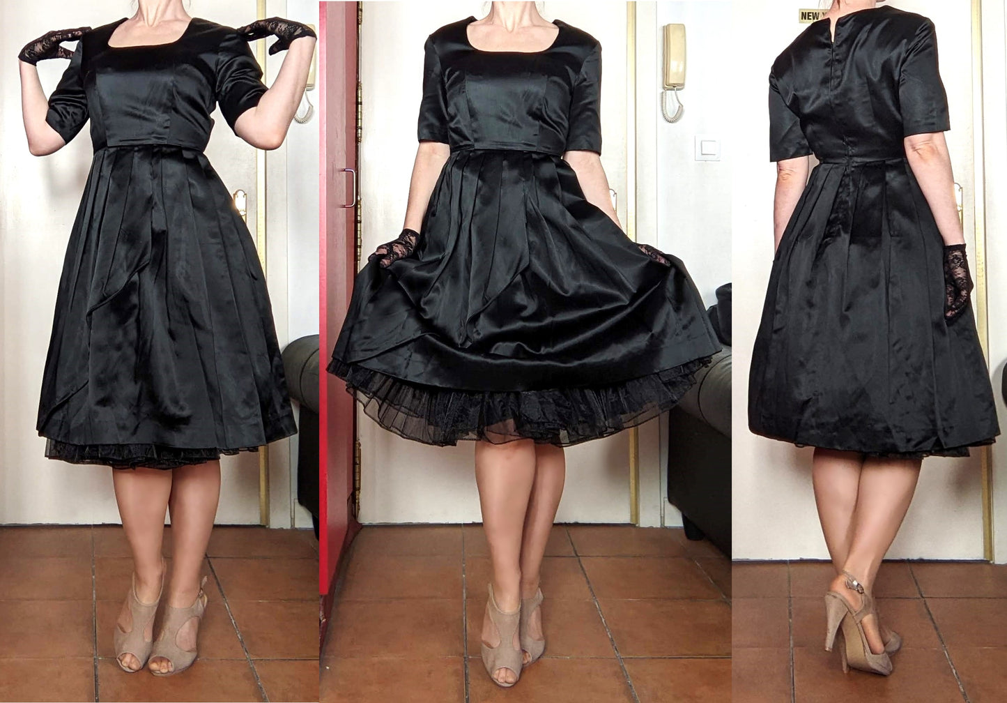 Vintage 1950s-60s black satin dress