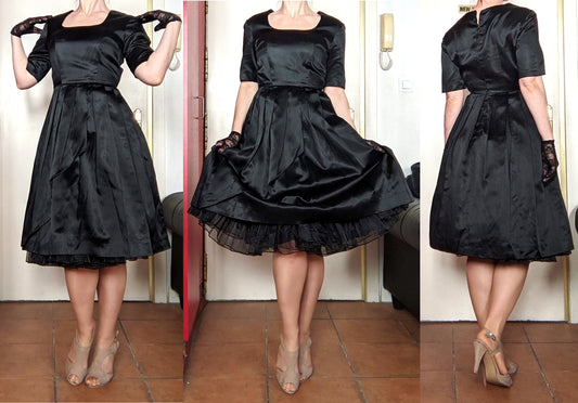 Vintage 1950s-60s black satin dress