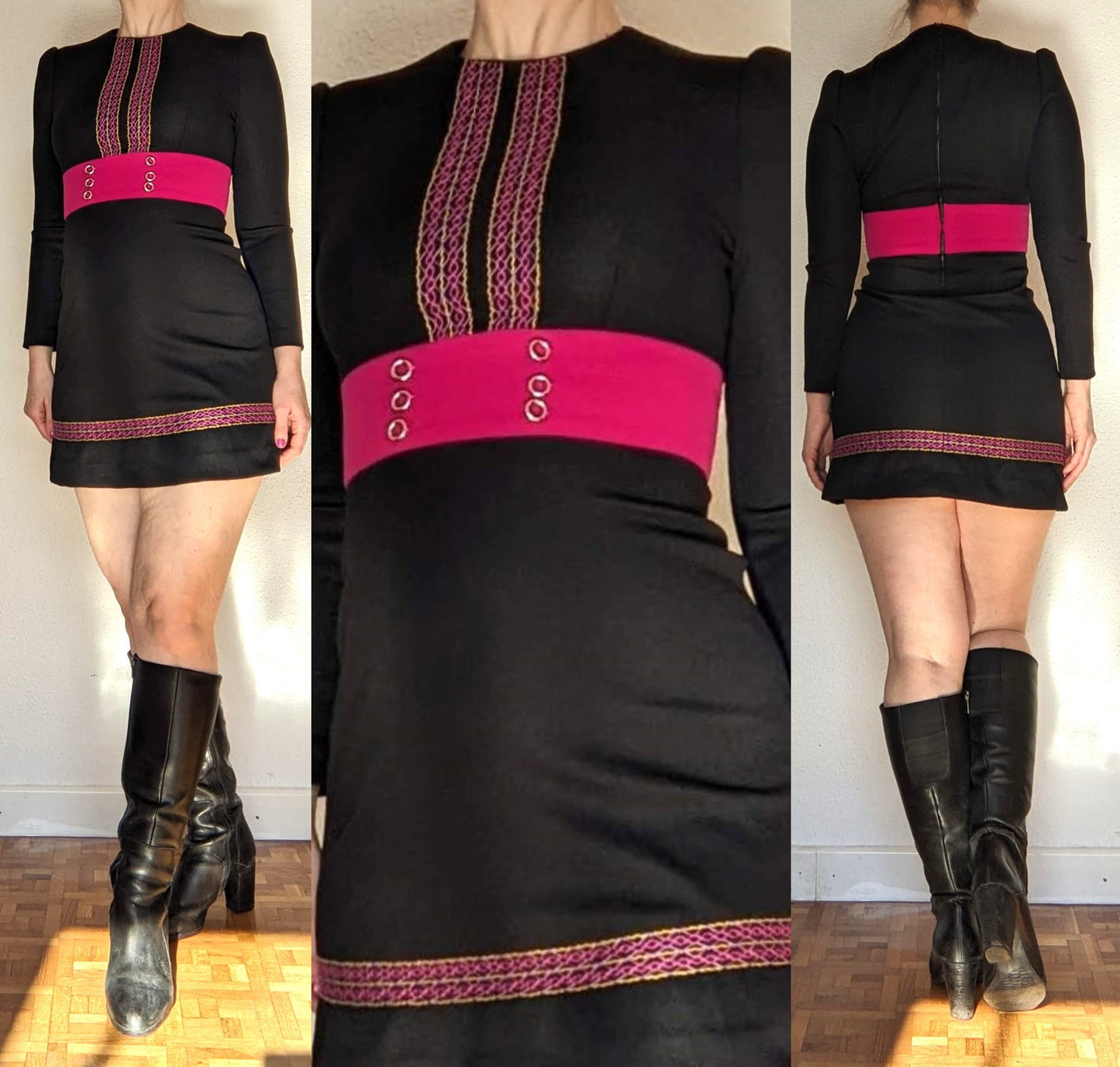 Vintage 1960s-70s black embroidered mini dress