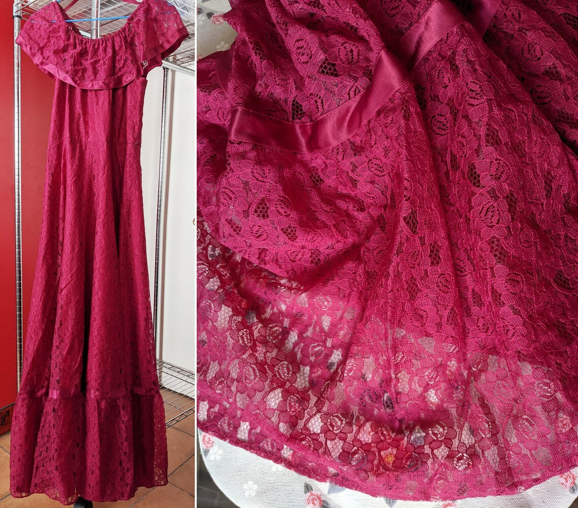 Vintage 1970s dark pink lace dress