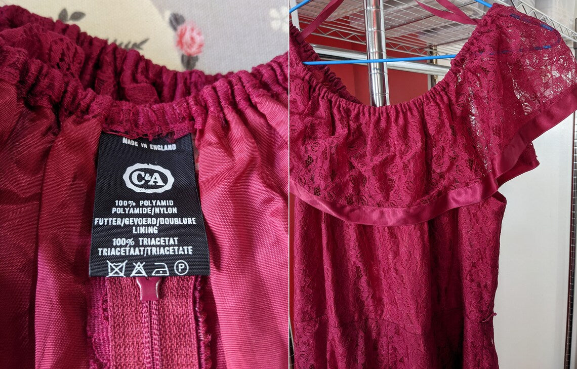 Vintage 1970s dark pink lace dress