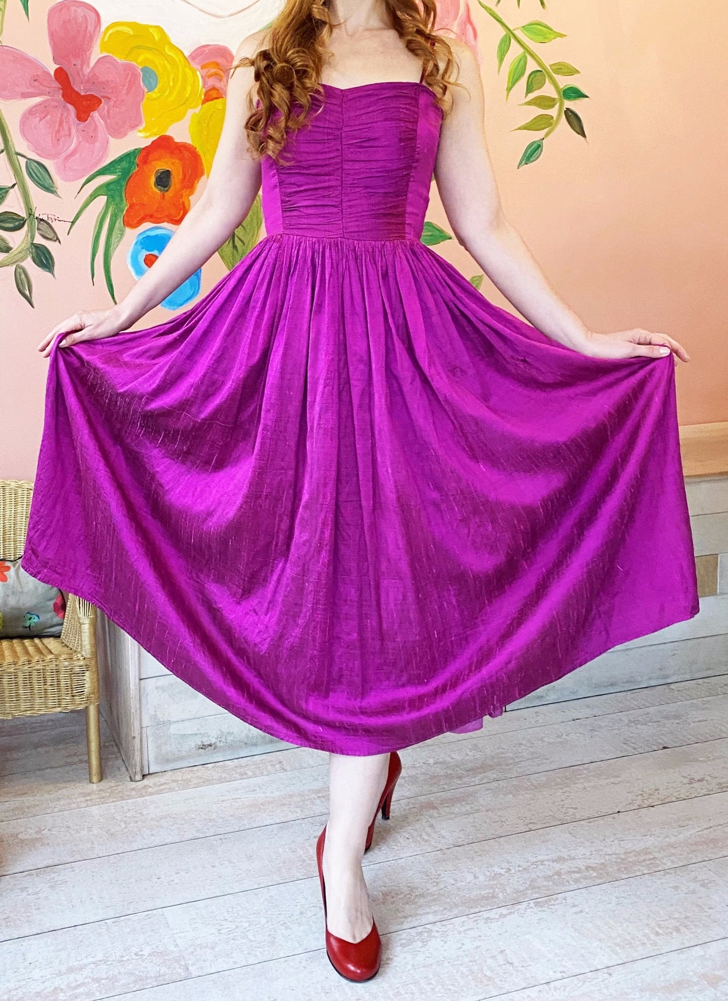 Vintage 1980s magenta faux silk dress
