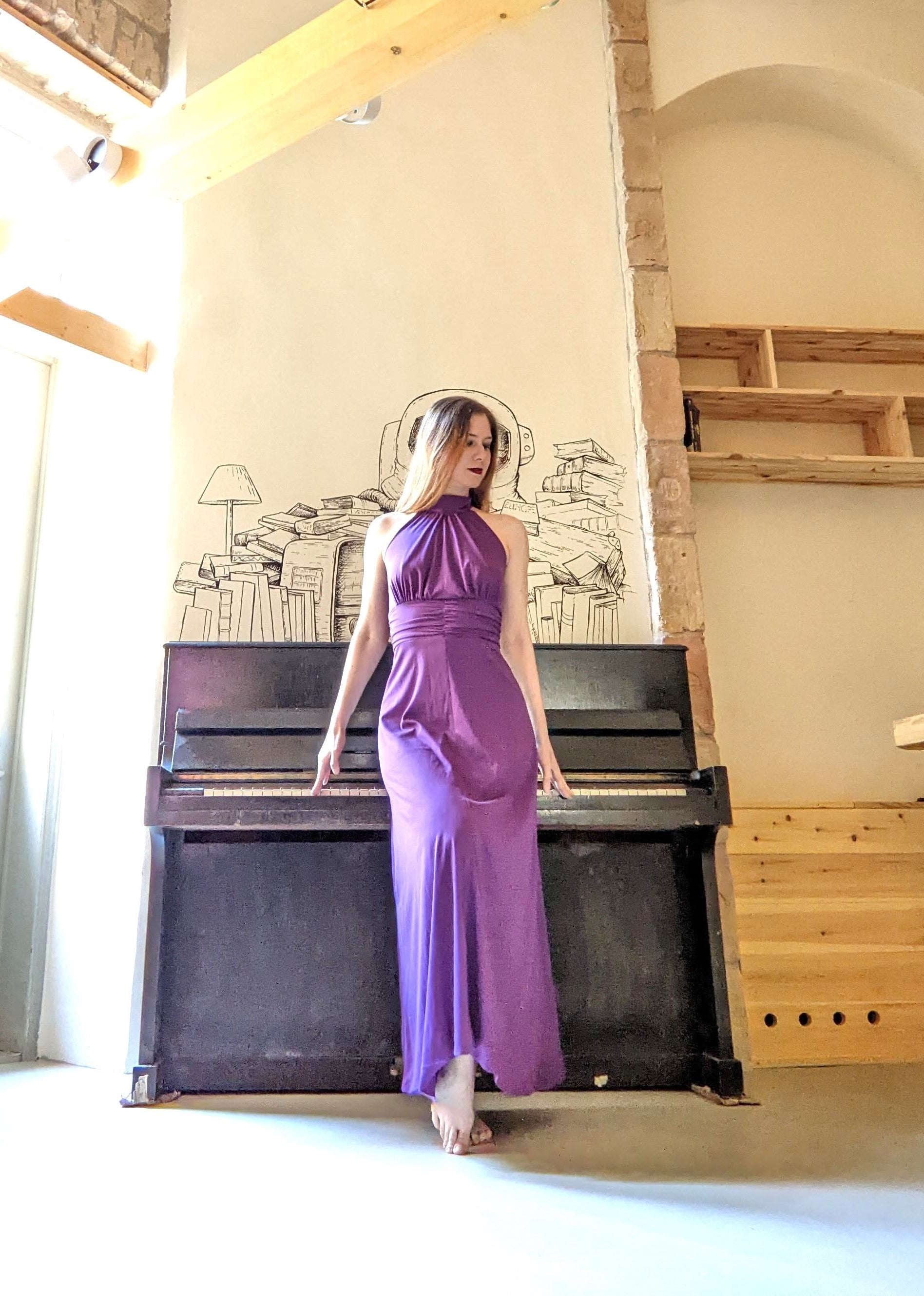 Vintage 1970s purple polyester halter maxi dress with ruched waistband