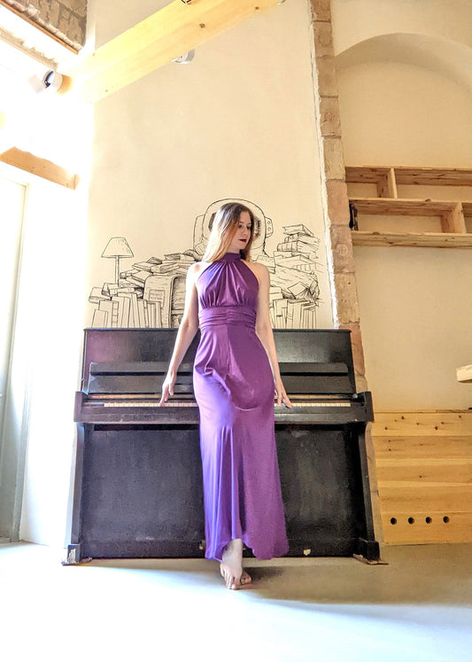Vintage 1970s purple polyester halter maxi dress with ruched waistband