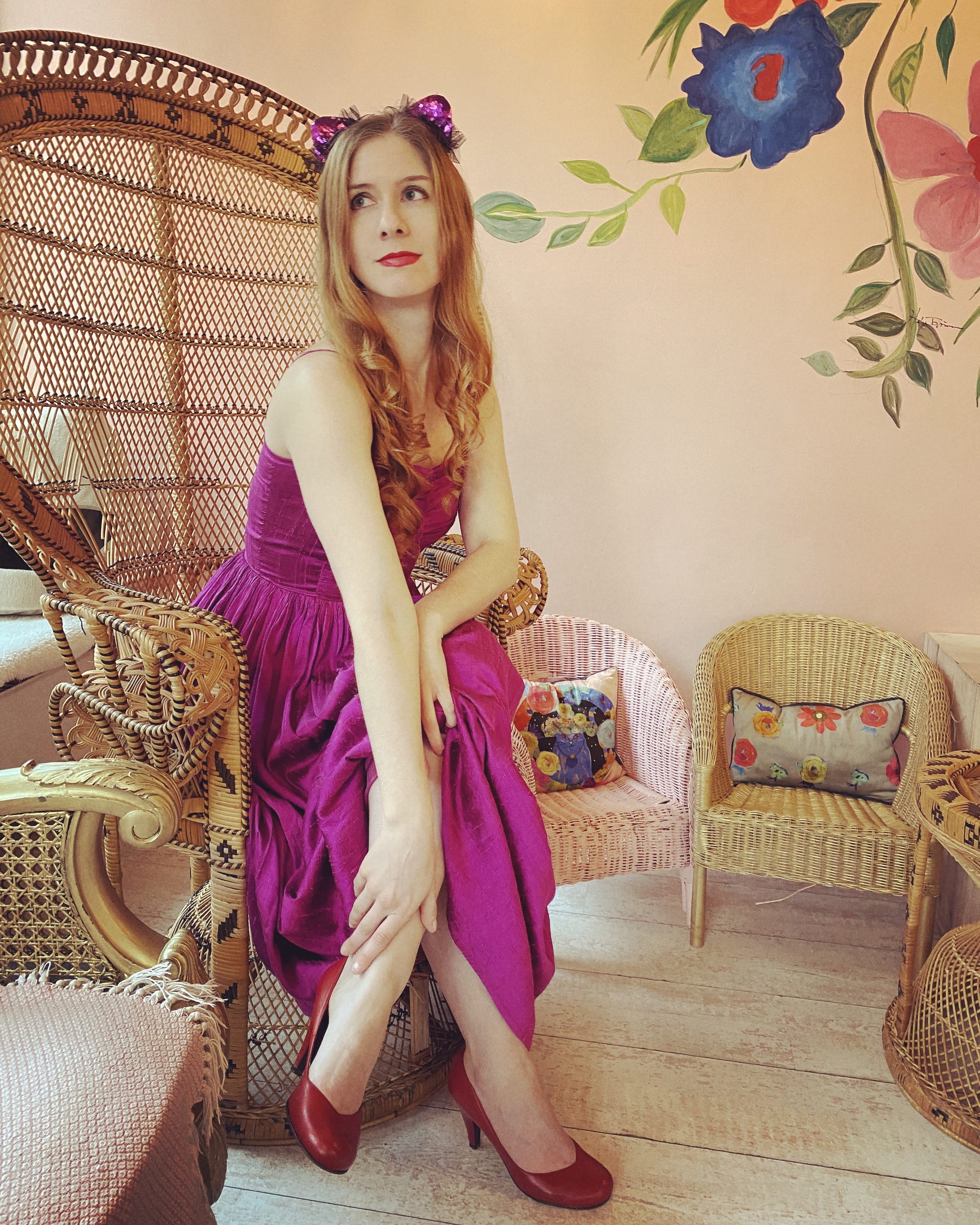 Vintage 1980s magenta faux silk spaghetti strap tea length dress with ruched bodice
