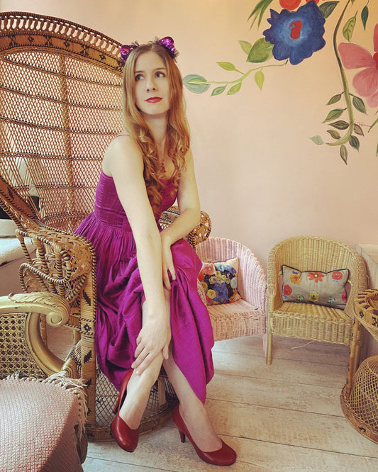 Vintage 1980s magenta faux silk spaghetti strap tea length dress with ruched bodice